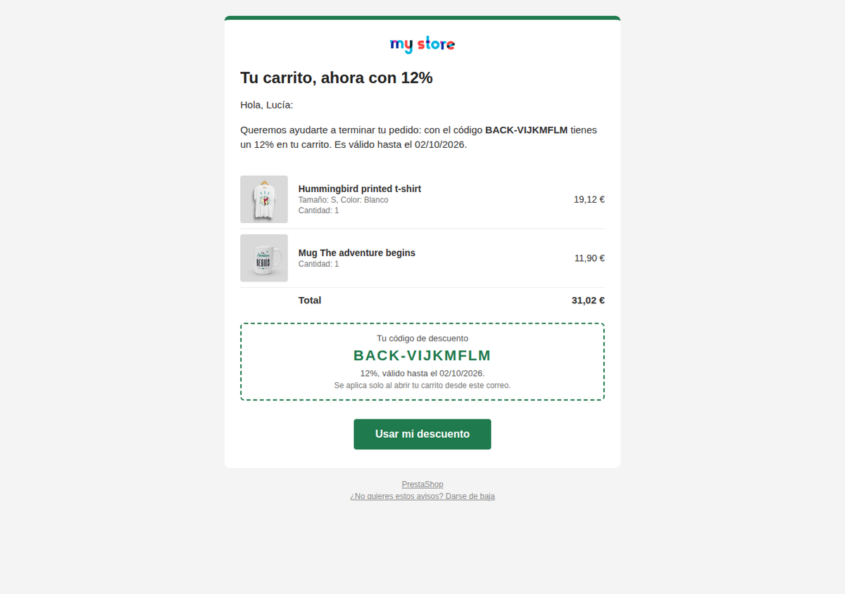 Correo de carrito abandonado con los productos, el cupón único y el botón para terminar el pedido