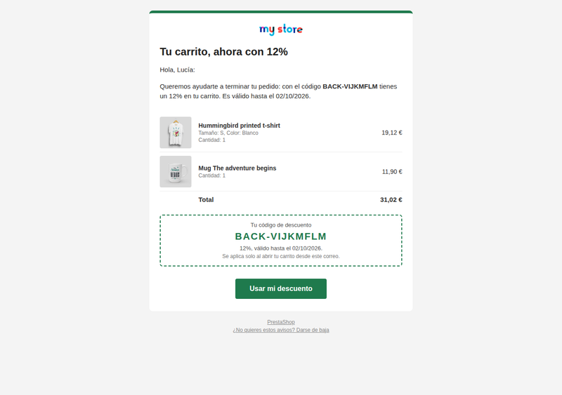 Correo de carrito abandonado con los productos, el cupón único y el botón para terminar el pedido