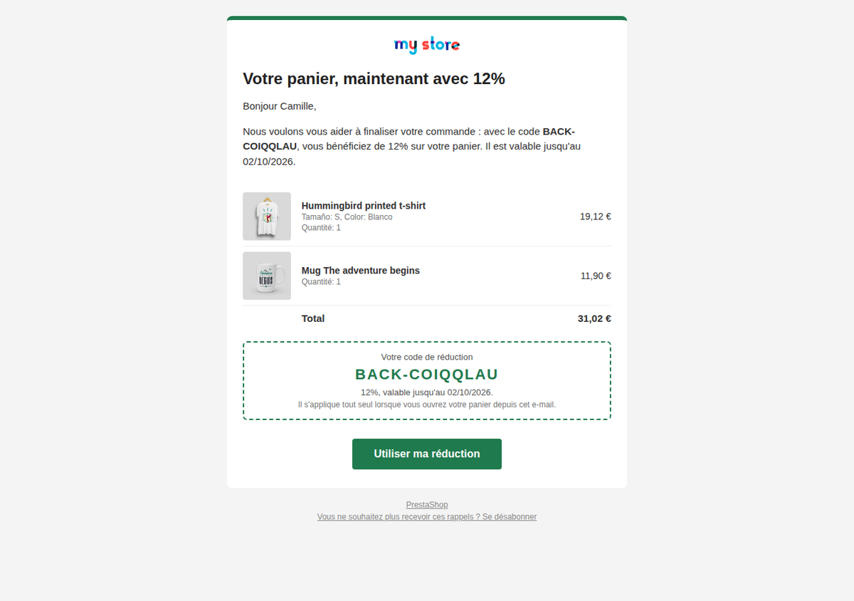 E-mail de panier abandonné avec les produits, le coupon unique et le bouton pour finaliser la commande