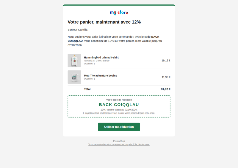 E-mail de panier abandonné avec les produits, le coupon unique et le bouton pour finaliser la commande