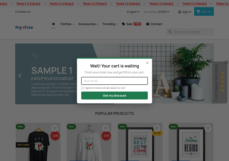 Exit-intent popup that offers a discount and captures the visitor's email in PrestaShop
