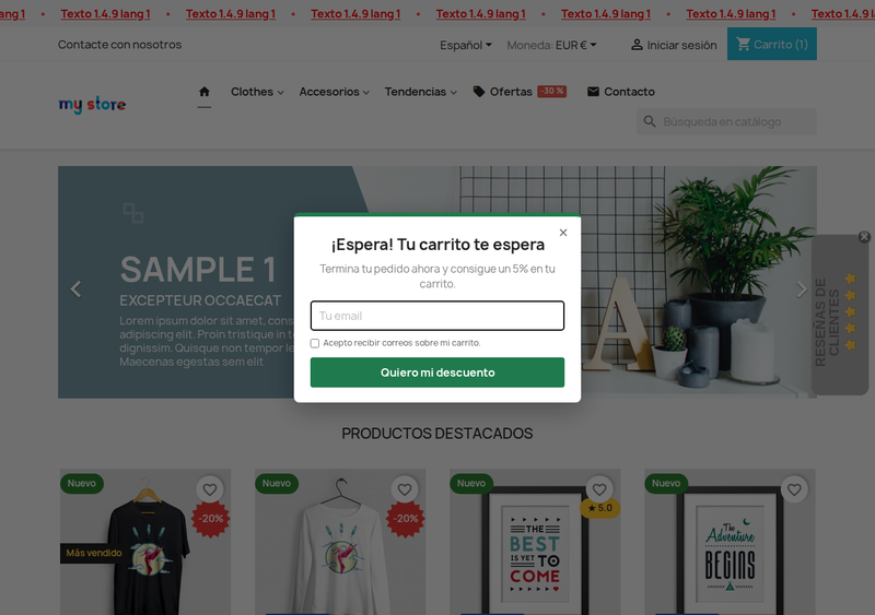 Popup de salida que ofrece un descuento y capta el email del visitante en PrestaShop