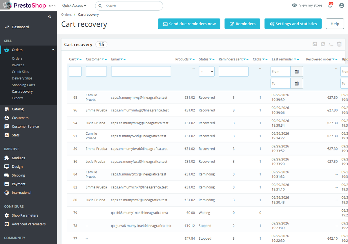 List of abandoned carts in the back office with instant sending and WhatsApp
