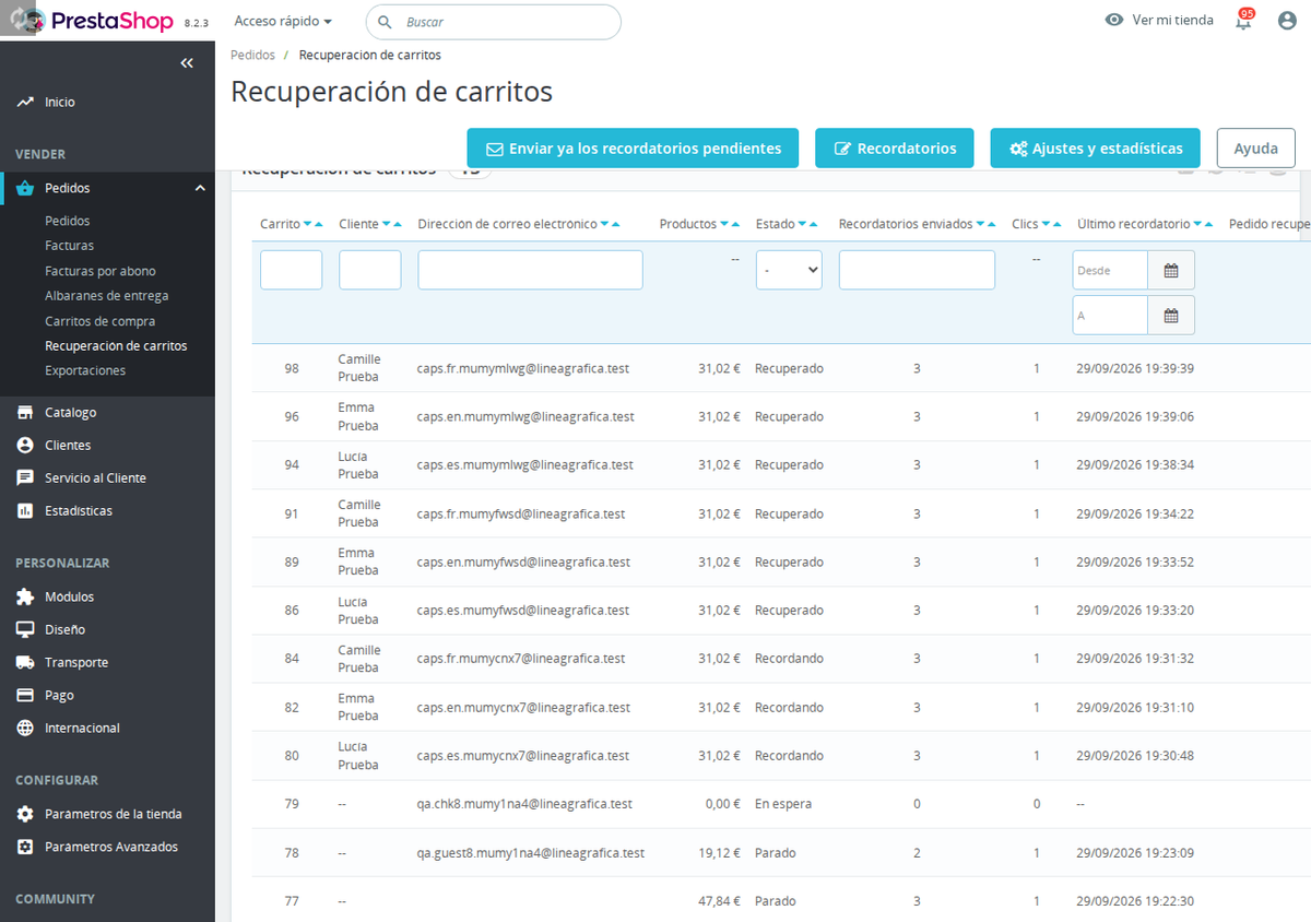 Lista de carritos abandonados en el back office con envío inmediato y WhatsApp