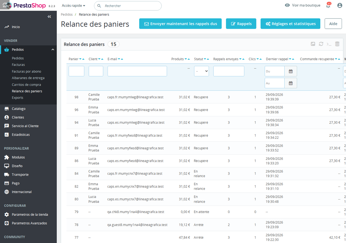 Liste des paniers abandonnés dans le back-office avec envoi immédiat et WhatsApp