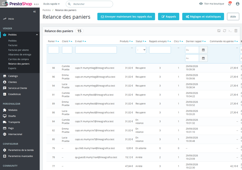Liste des paniers abandonnés dans le back-office avec envoi immédiat et WhatsApp