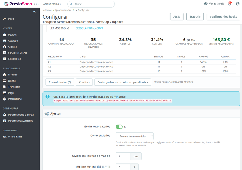 Estadísticas de carritos recuperados: envíos, aperturas, clics y ventas por recordatorio