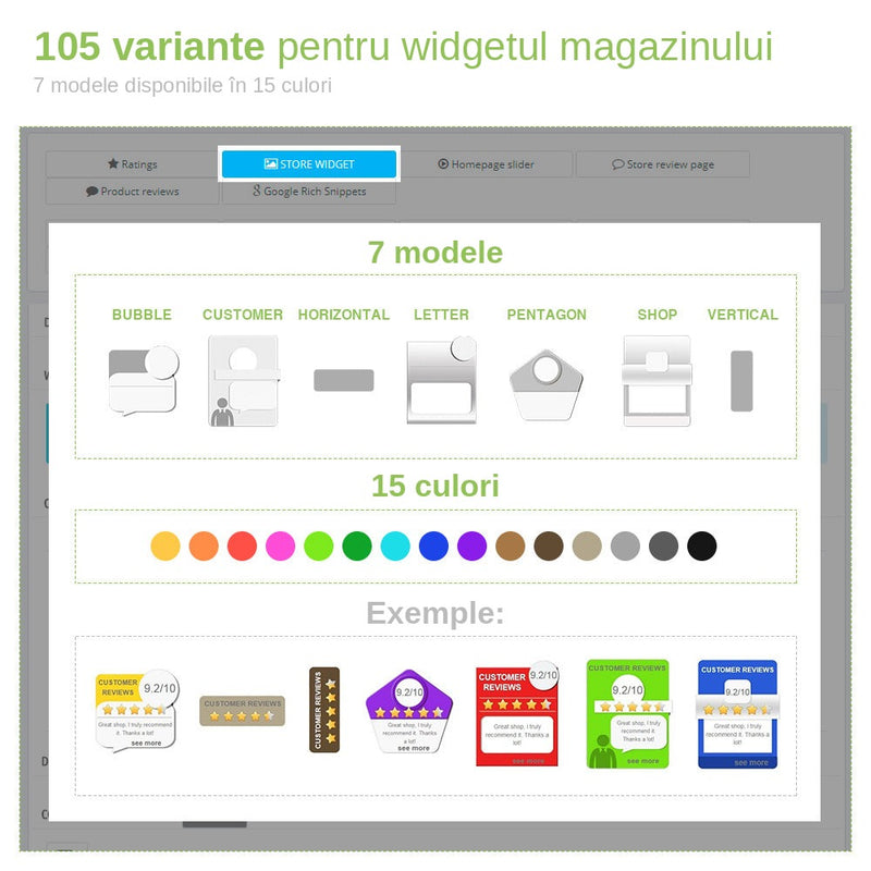 Widget de recenzii ale magazinului: 7 modele în 15 culori