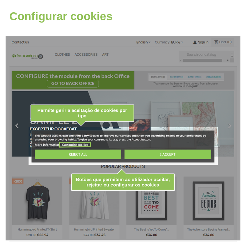 Banner de cookies do PrestaShop com os botões Aceitar, Rejeitar tudo e Personalizar
