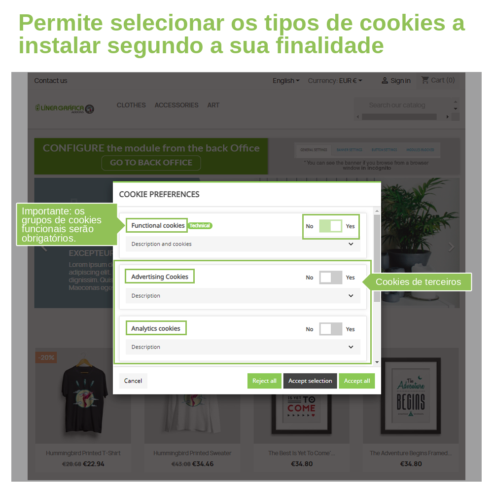 Preferências de cookies por finalidade: funcionais, publicitárias e analíticas