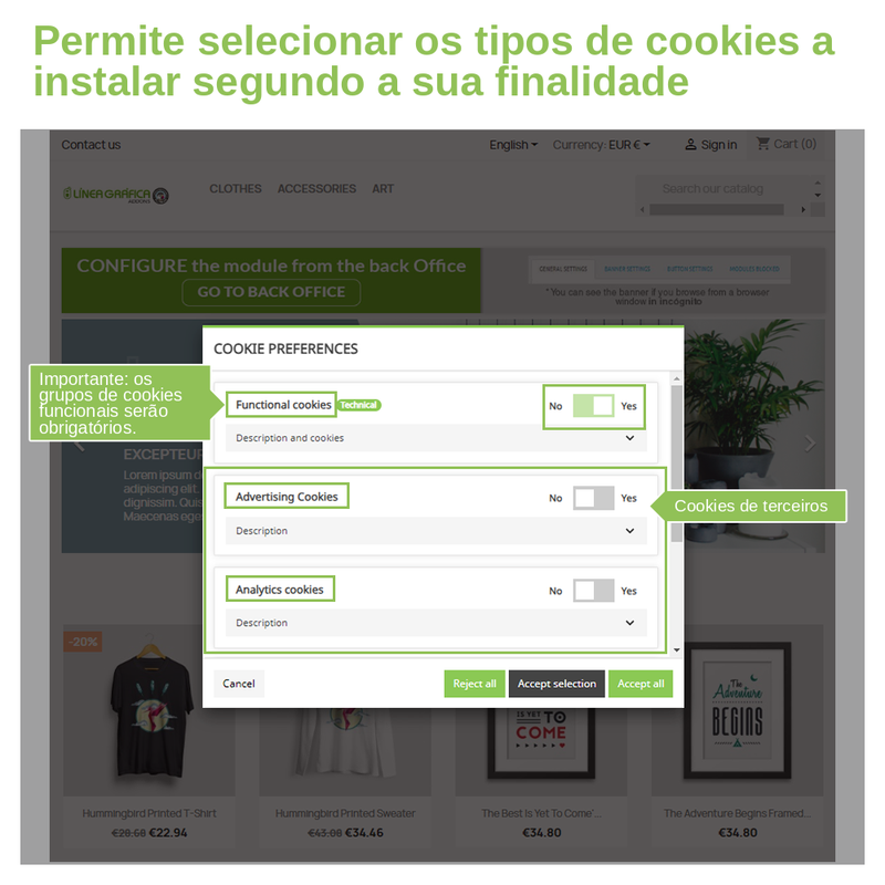 Preferências de cookies por finalidade: funcionais, publicitárias e analíticas