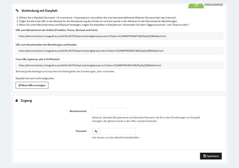 Einstellungen der Danea Easyfatt Schnittstelle in PrestaShop mit Produkt- und Bestell-URLs