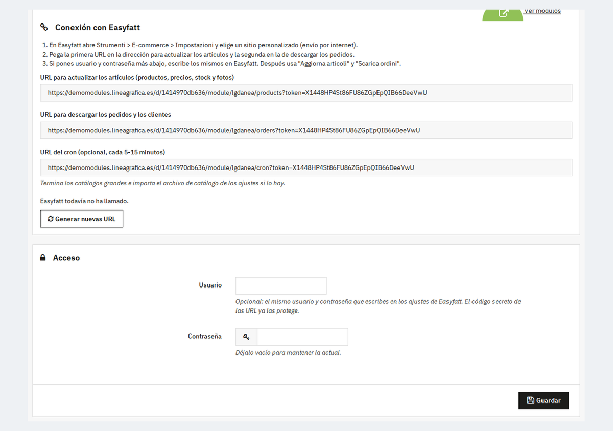 Configuración del conector Danea Easyfatt en PrestaShop con las URLs de productos y pedidos y el acceso