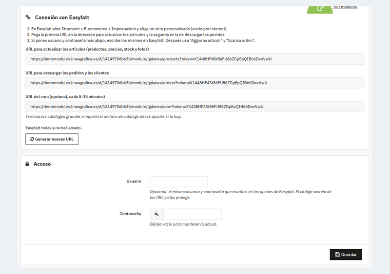 Configuración del conector Danea Easyfatt en PrestaShop con las URLs de productos y pedidos y el acceso
