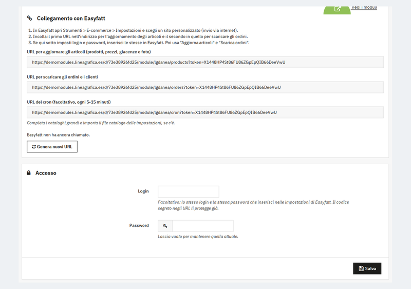 Configurazione del connettore Danea Easyfatt in PrestaShop con gli URL per prodotti e ordini e l'accesso