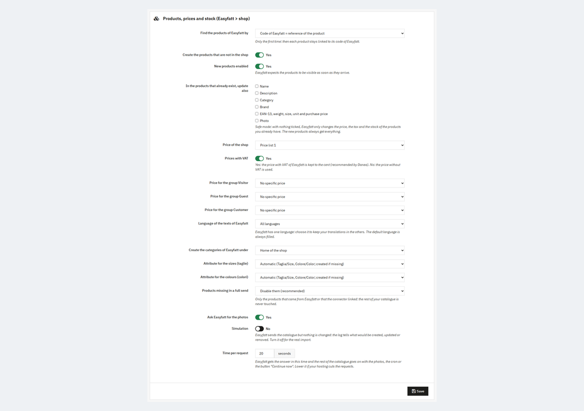 Product settings: safe mode, VAT-inclusive prices, price lists per customer group and simulation