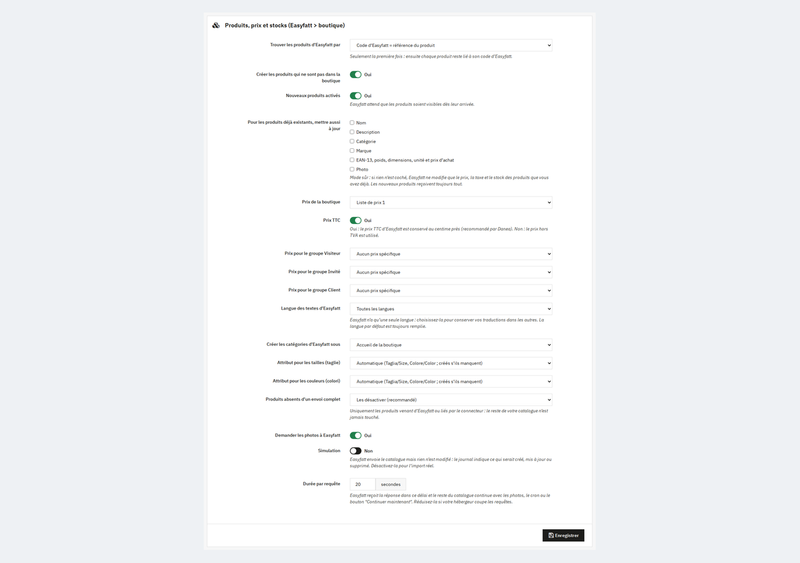 Réglages des produits : mode sécurisé, prix TTC, listes de prix par groupe de clients et simulation
