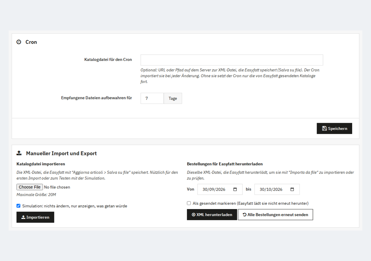 Easyfatt sendet die Artikel mit „Aggiorna articoli“ an PrestaShop