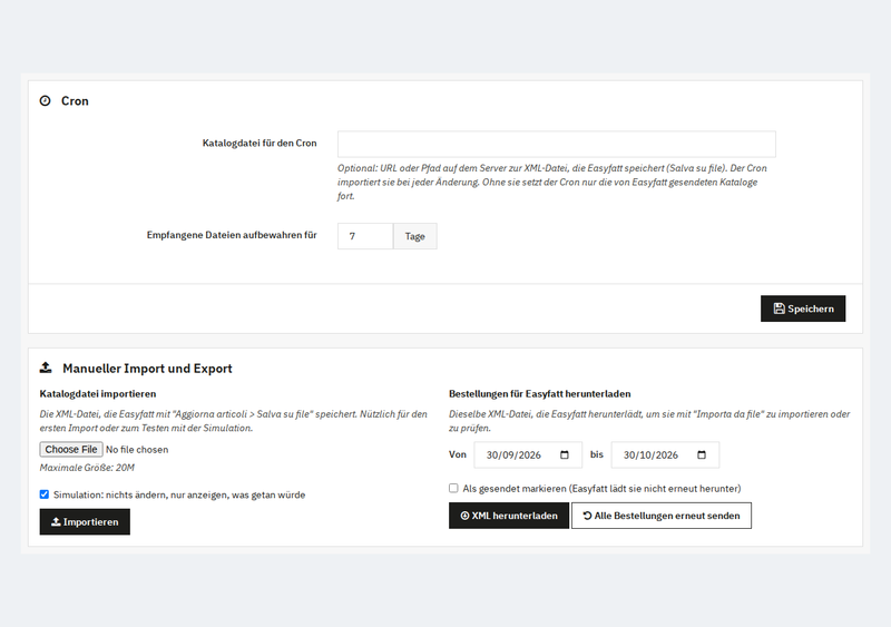 Easyfatt sendet die Artikel mit „Aggiorna articoli“ an PrestaShop