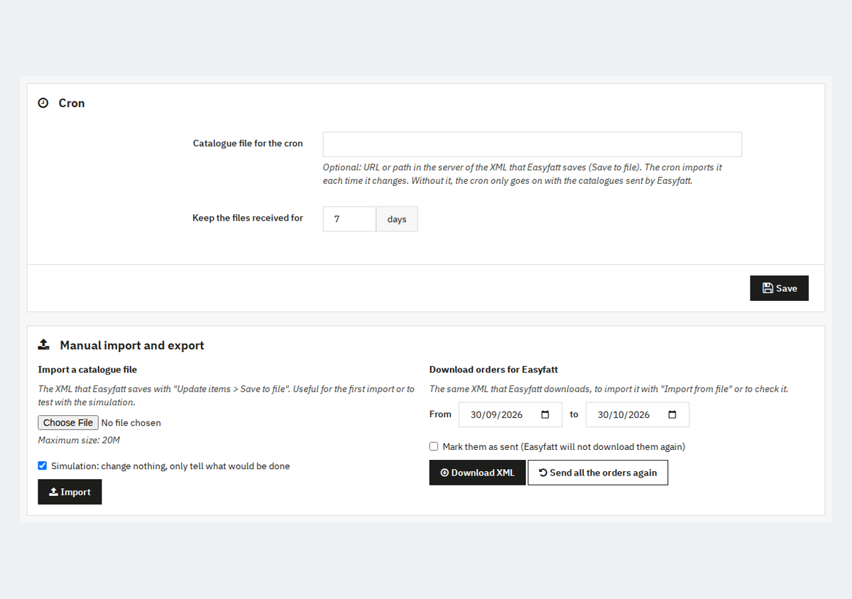 Easyfatt sending items to PrestaShop with «Aggiorna articoli»