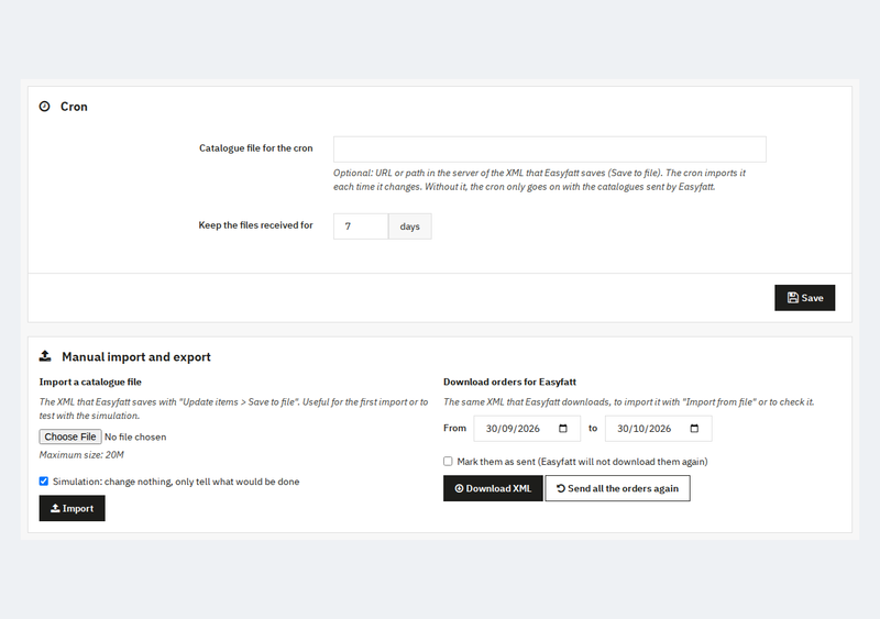 Easyfatt sending items to PrestaShop with «Aggiorna articoli»