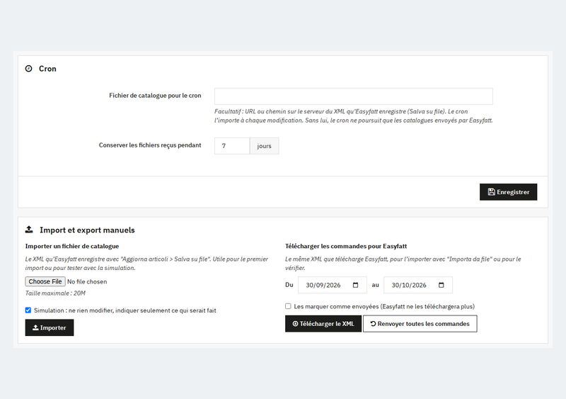 Easyfatt envoie les articles à PrestaShop avec « Aggiorna articoli »