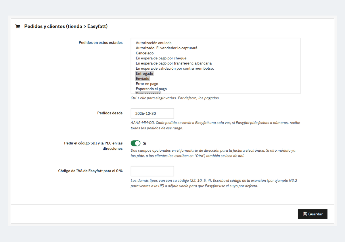 Pedidos para Easyfatt y dirección del cliente con código destinatario SDI y PEC