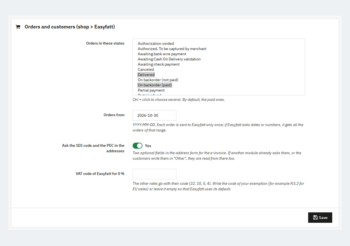 Encomendas para o Easyfatt e morada do cliente com código de destinatário SDI e PEC