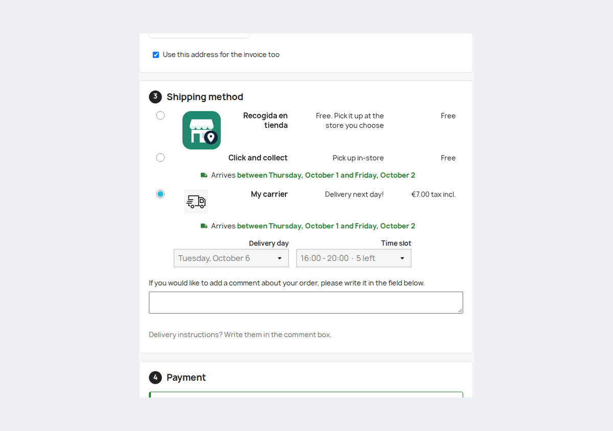 Delivery day and time slot selection at PrestaShop checkout