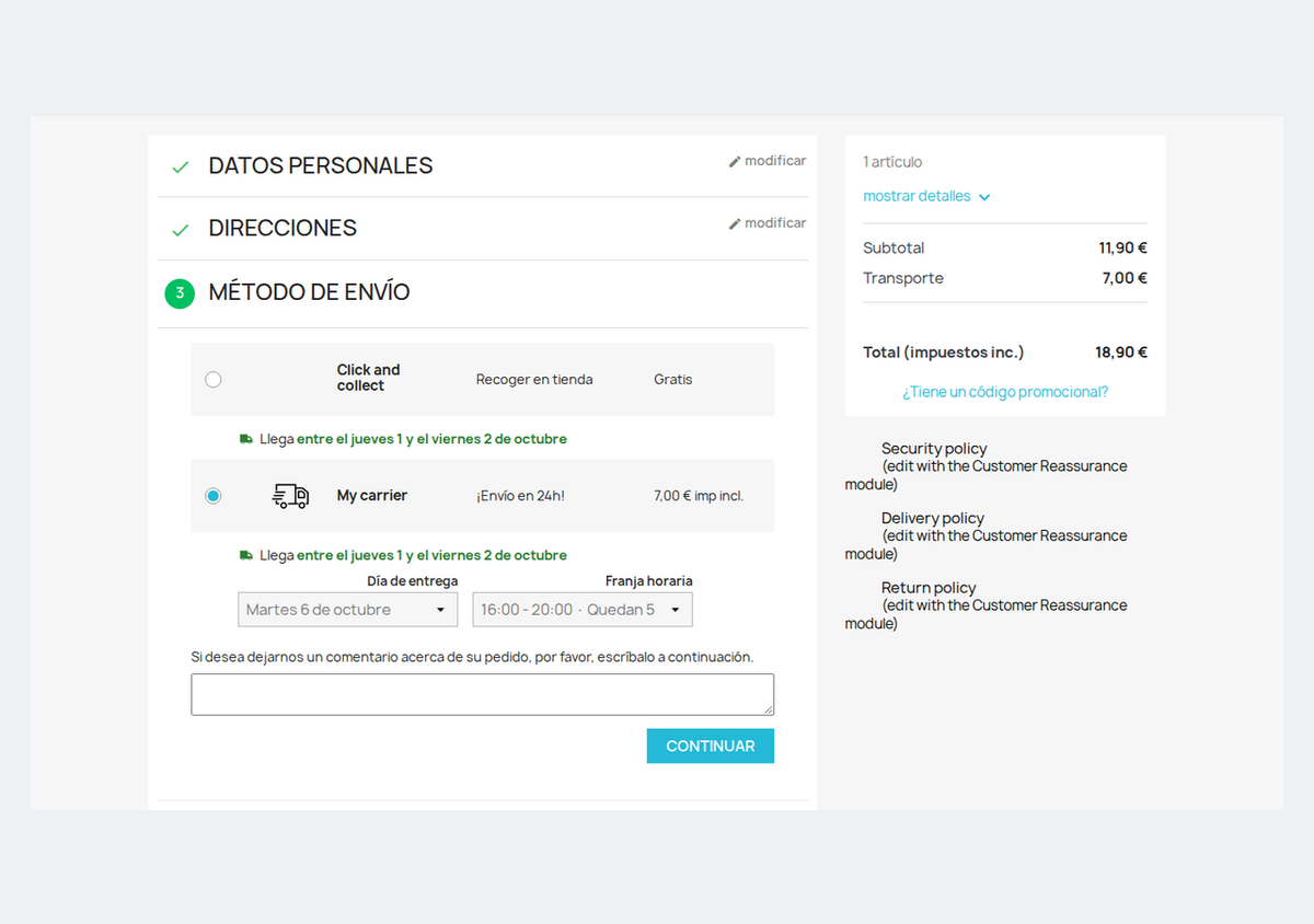 Elección de día y franja horaria de entrega en el checkout de PrestaShop