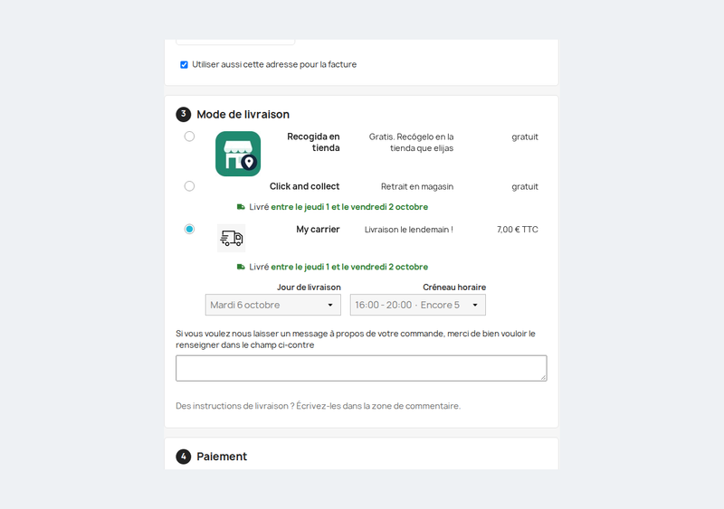 Choix du jour et du créneau de livraison au paiement PrestaShop