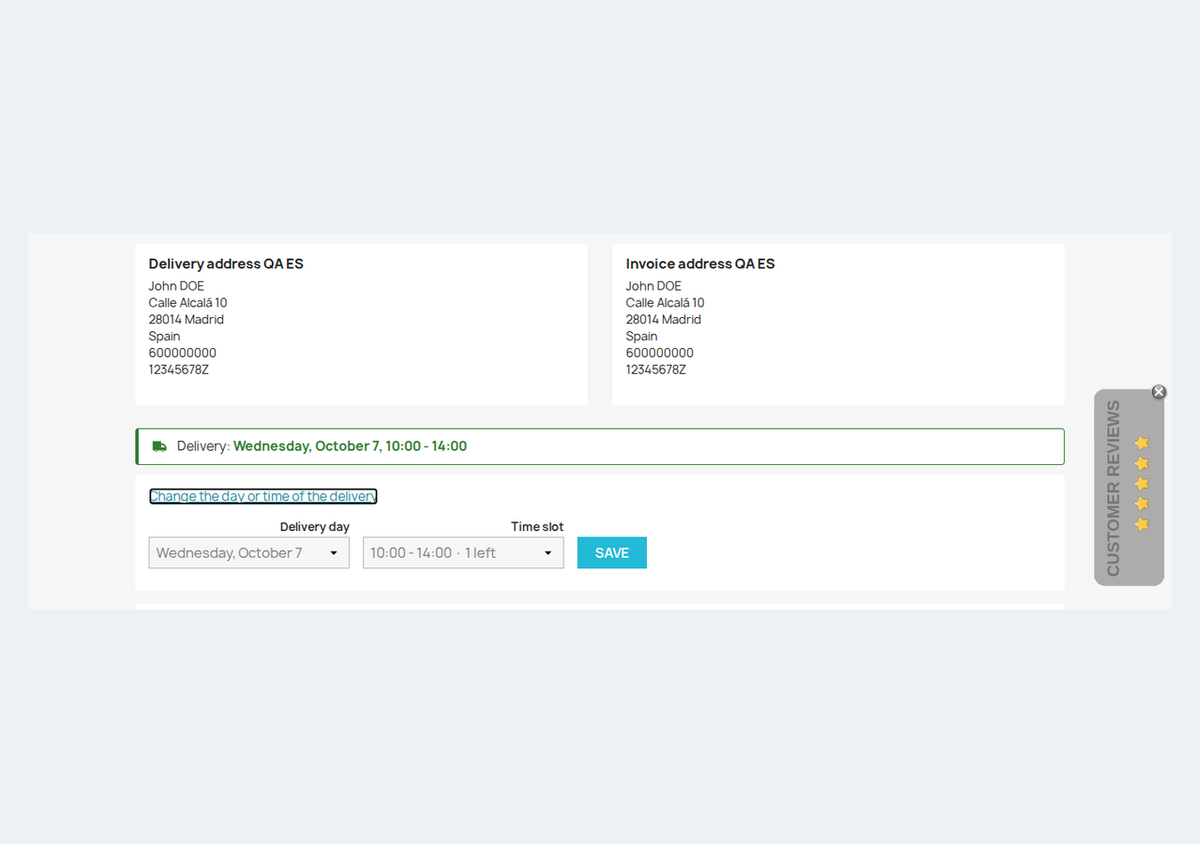 Delivery date and time slot in the customer order, editable from the account