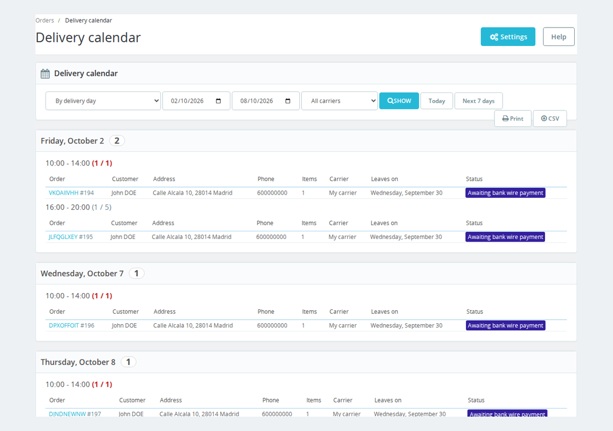 Delivery sheet by day and time slot with print and CSV export