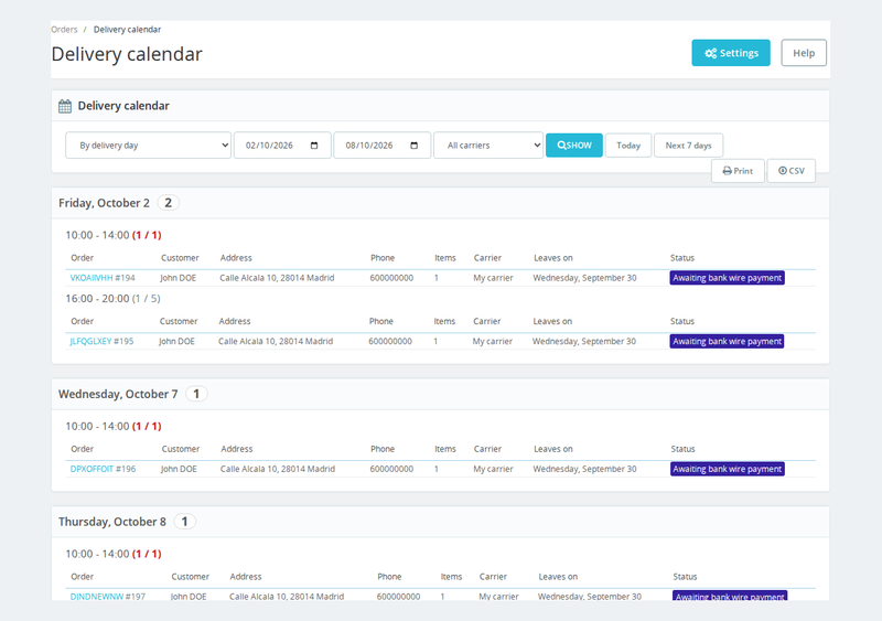 Delivery sheet by day and time slot with print and CSV export