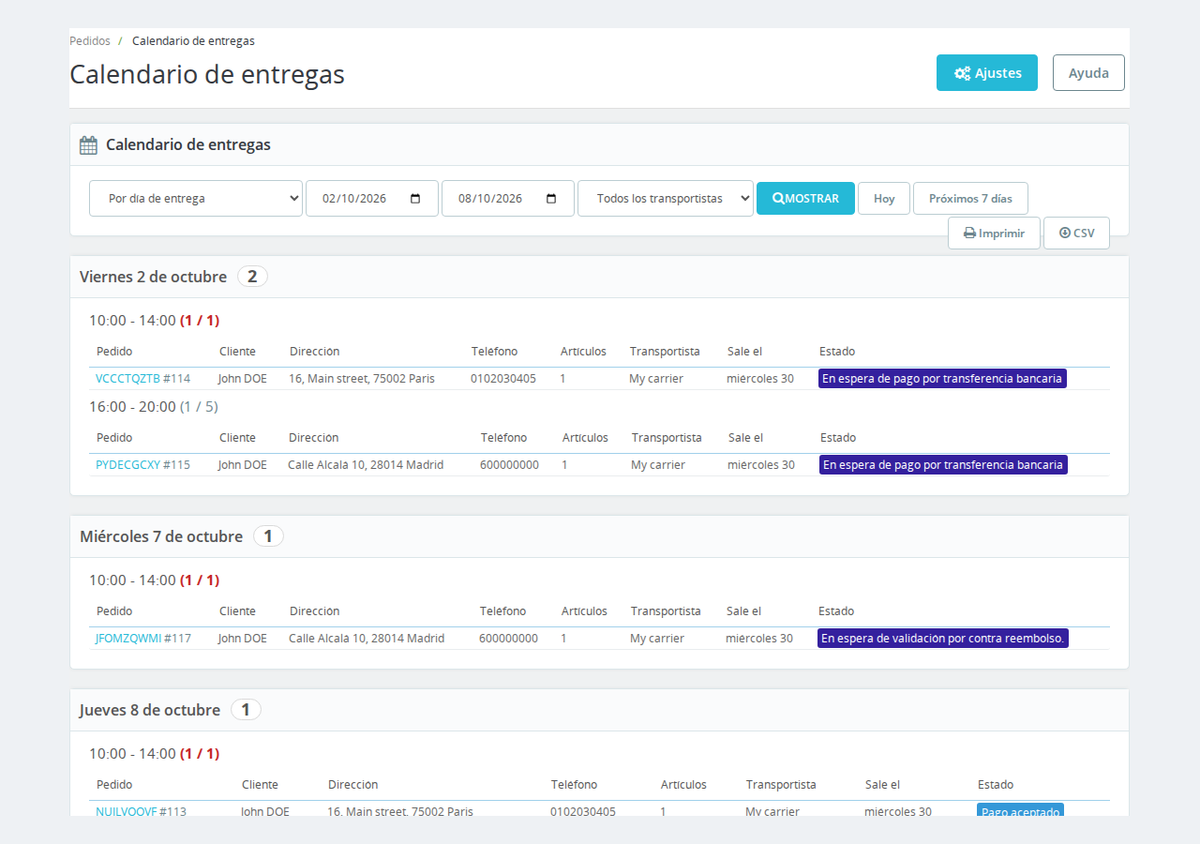 Hoja de reparto por día y franja horaria con impresión y exportación CSV