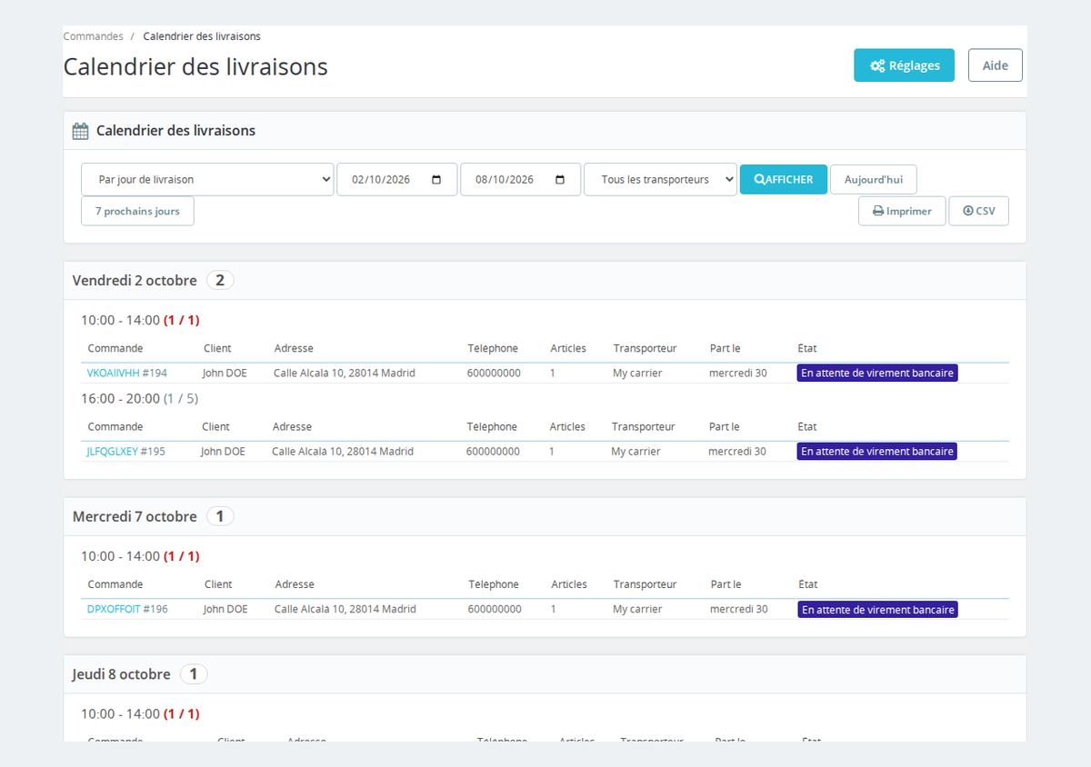 Feuille de livraison par jour et créneau, impression et export CSV
