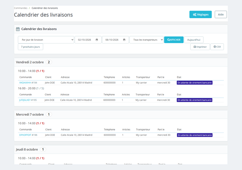 Feuille de livraison par jour et créneau, impression et export CSV