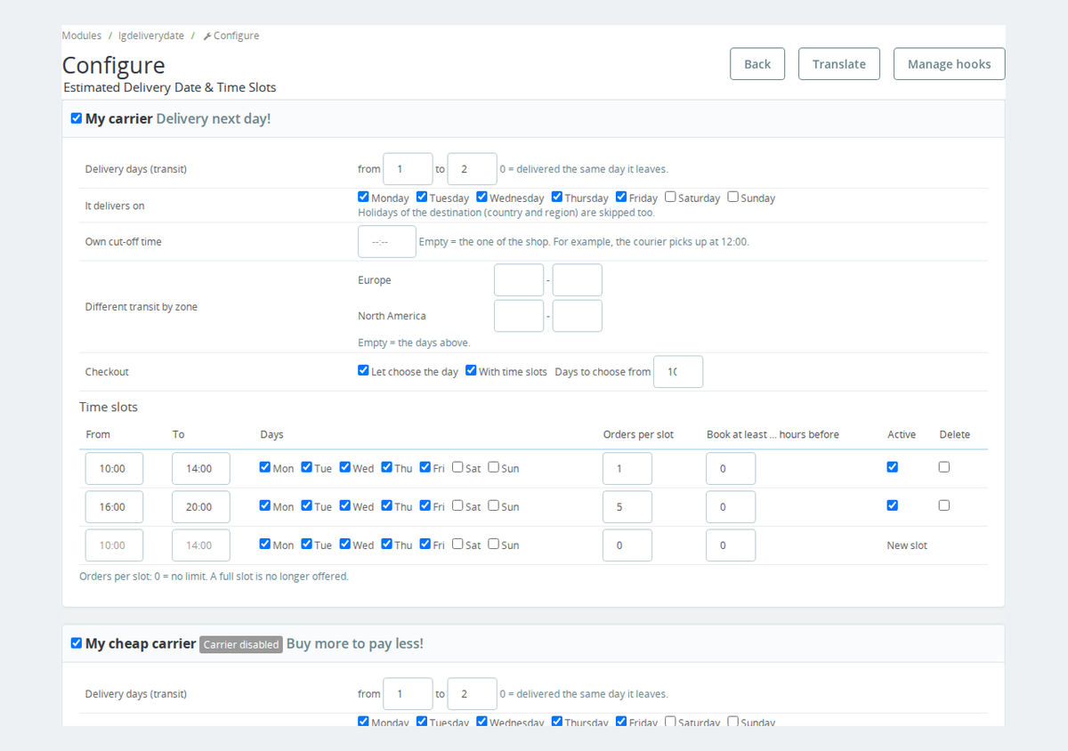 Cut-off time, shipping and delivery days per carrier in PrestaShop