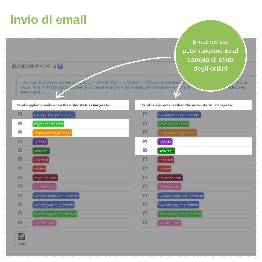 Modulo PrestaShop Dropshipping – Email a Fornitori e Corrieri – schermata 1
