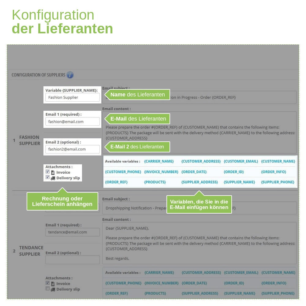 PrestaShop-Modul Dropshipping – E-Mails an Lieferanten und Versanddienstleister – Screenshot 2