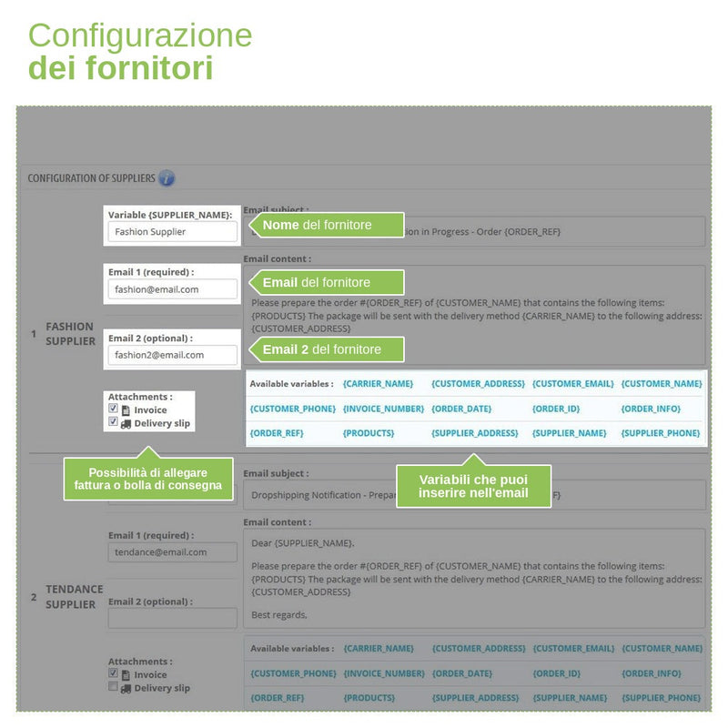 Modulo PrestaShop Dropshipping – Email a Fornitori e Corrieri – schermata 2