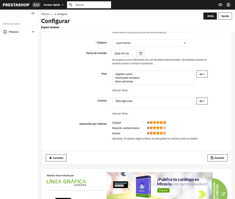 Módulo Prestashop – Opiniones de expertos en la ficha de producto (E-E-A-T y reseñas en Google)