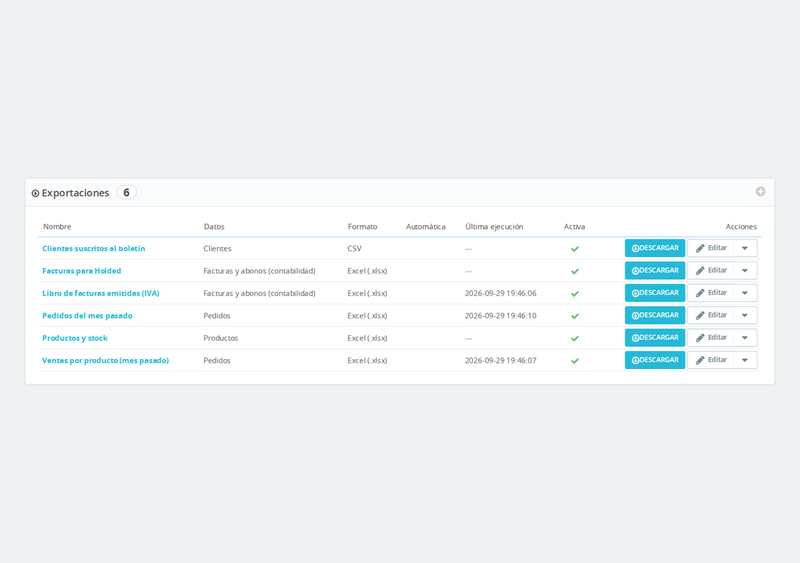 Listado de exportaciones guardadas en Pedidos > Exportaciones con formato, programación y última ejecución