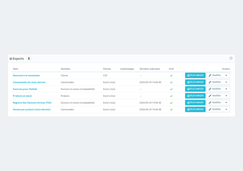 Liste des exports enregistrés dans Commandes > Exports avec format, planification et dernière exécution