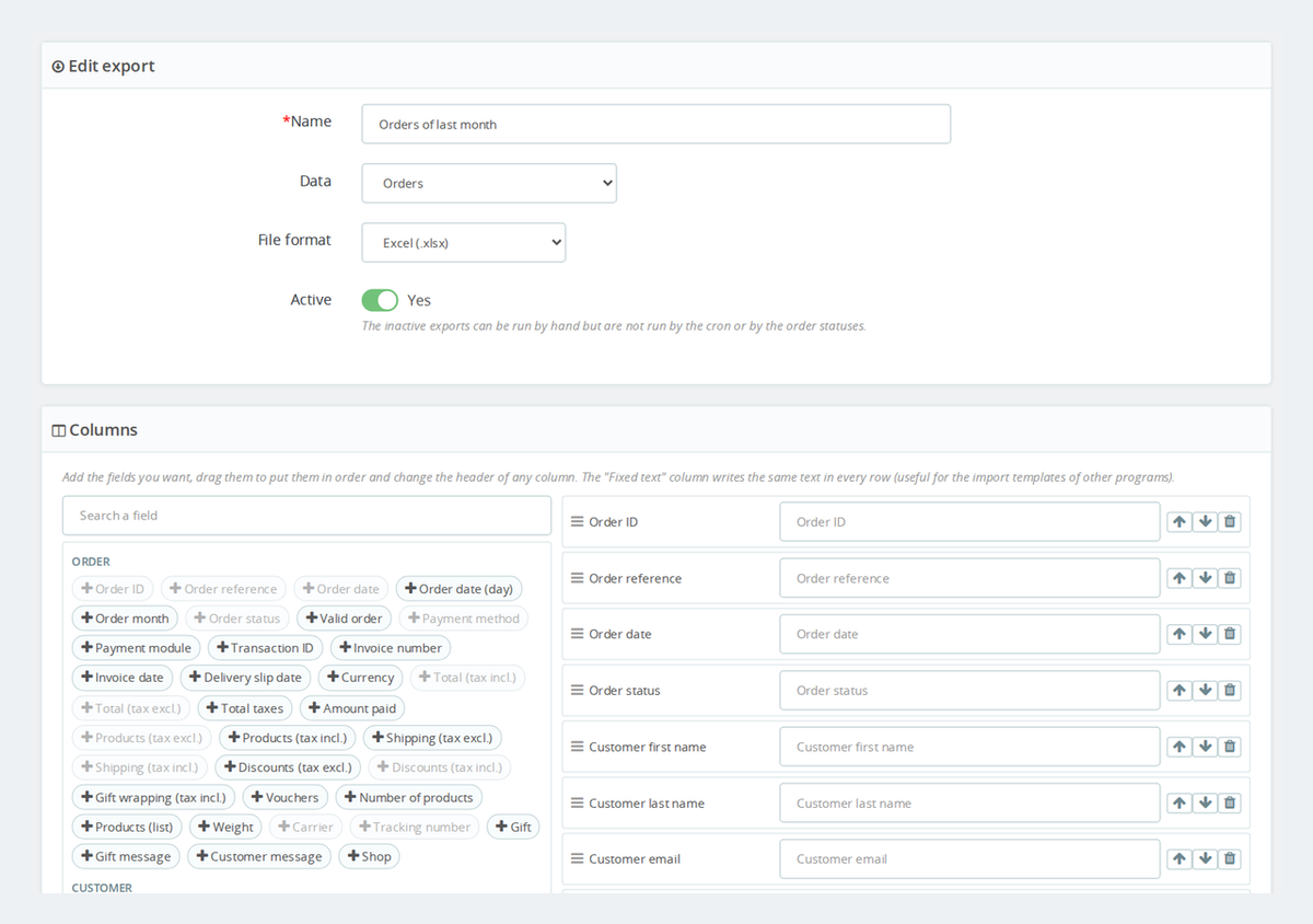 Editing an export: column picker to drag and rename, filters and preview