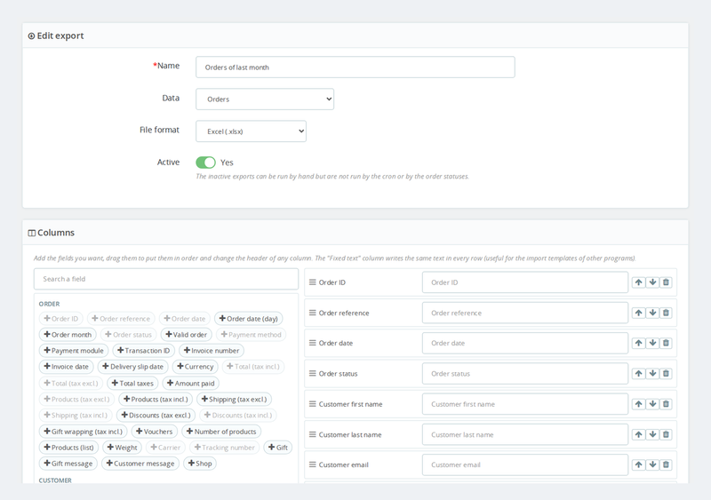 Editing an export: column picker to drag and rename, filters and preview