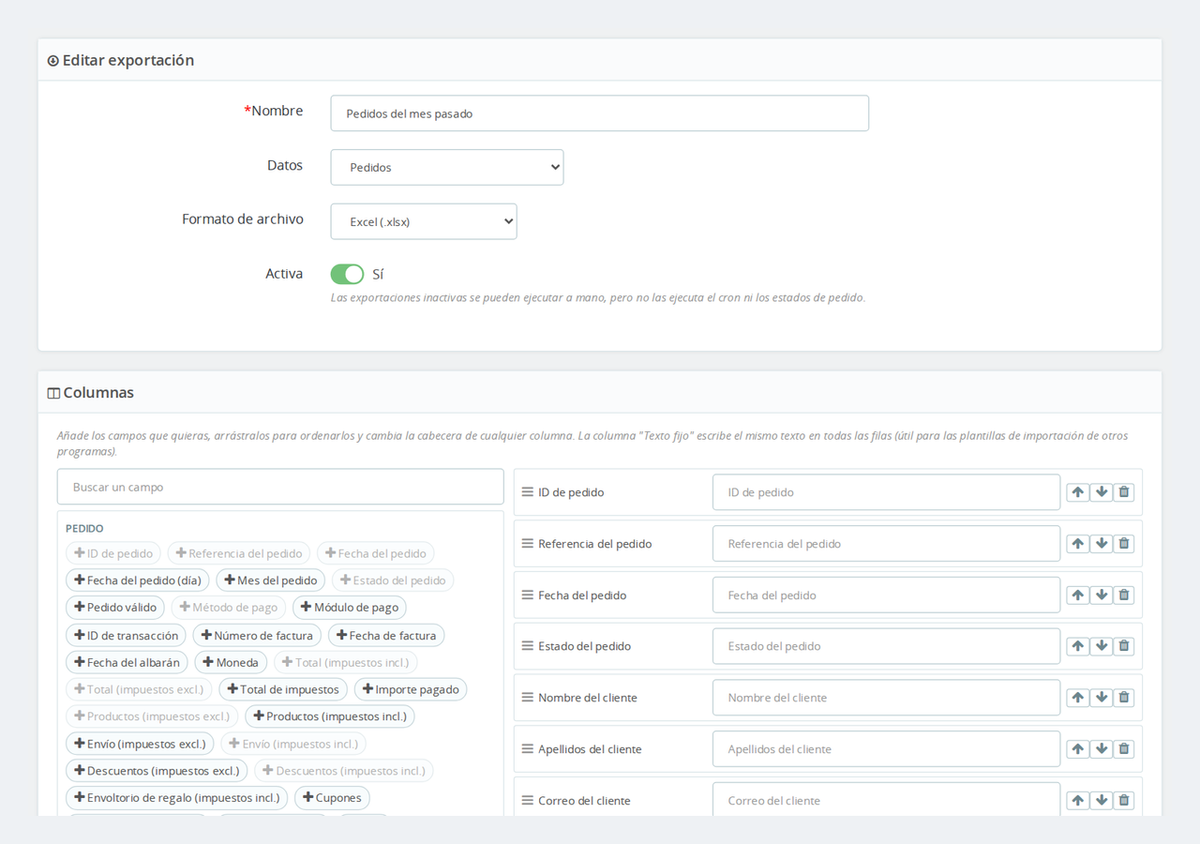 Edición de una exportación: selector de columnas para arrastrar y renombrar, filtros y vista previa