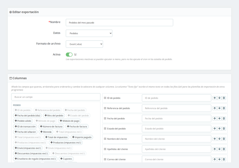 Edición de una exportación: selector de columnas para arrastrar y renombrar, filtros y vista previa