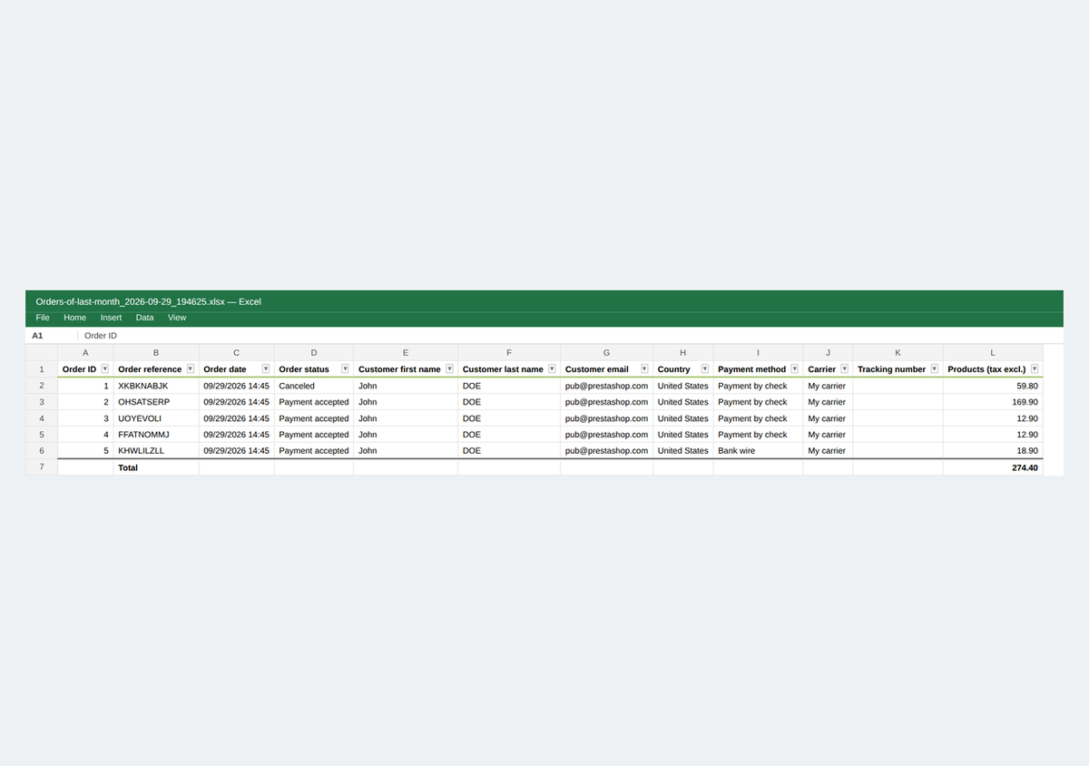 Excel file exported from PrestaShop with real numbers and dates, frozen header and autofilter