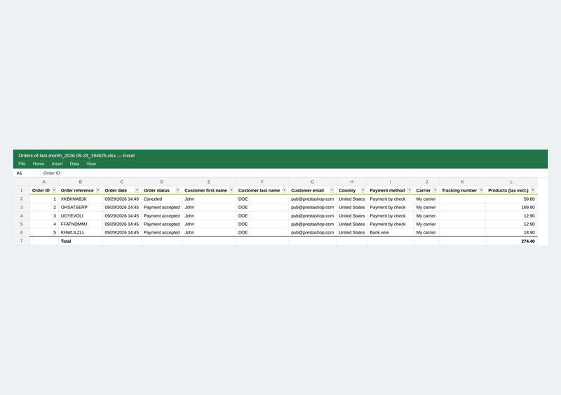 Excel file exported from PrestaShop with real numbers and dates, frozen header and autofilter